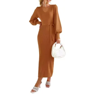 Women’s Thick Knitted Woolen Dress Slit Sweater Button V-Neck Long Sleeved Midi Summer Supply