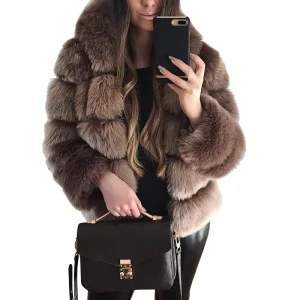 Women’s Thickened Warm Anti Wrinkle Woven Overcoat Long-sleeved Hooded Imitation Rabbit Fur Coat