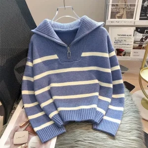 Women’s Thickened Zipper Striped Knit Sweater