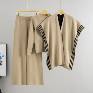 Women’s Three Piece Knitted Sweater Set Elegant Striped Outerwear Shawl for Casual Style for Autumn Winter
