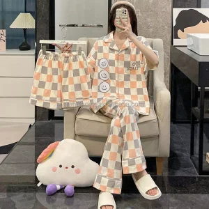 Women’s Three Piece Pajamas Knitted Silk Cotton Breathable V Neck Cardigan Sleeved Pants