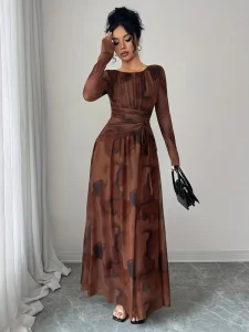 Women’s Tie Dye Asymmetry Long Sleeve T Shirt Empire Waist Casual A Line Silhouette O Neck Polyester Maxi Length Comfort Woven