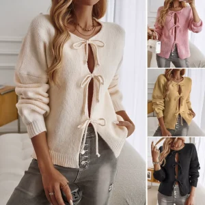 Women’s Tie Front Bow Cardigan Crew Neck Sweaters Chunky Knit Long Sleeve Top Fall Knitted Coats