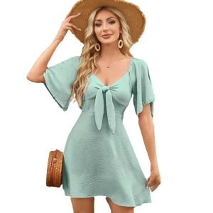 Women’s Tie Front Mini Dress New Arrival V Neck Flutter Sleeve A-Line Dress Casual Summer Vacation Dress