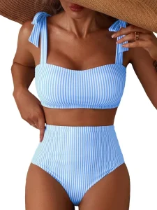Women’s Tie Shoulder Bikini Sets 2 Piece Striped Swimsuits High Waisted Bathing Suits