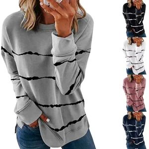 Women’s Tie dye Printed Striped Round Neck Loose Long Sleeve T shirt Blouse