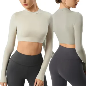 Women’s Tight Cropped Yoga Top Long Sleeve Sports T-Shirt Gym Workout Belly-Baring Activewear Custom LOGO