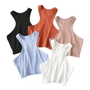 Women’s Tops Rib-Knit Round Neck Crop Blouse Back Tank Top