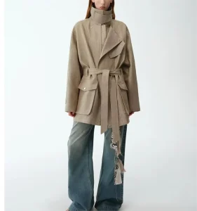 Women’s Trench Coat Linen Blended Windbreaker Jacket Loose Turn Down Collar Lace Up Leather Coat