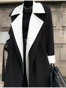 Women’s Trench Coat Long Jacket with Double Large Lapel Collar Patchwork Color Design Trench Coat for Autumn