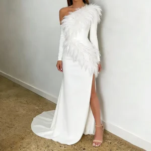 Women’s Trendy White Satin One Shoulder Feather Decor Long Sleeve High Slit Train Hem Fitted Maxi Formal Party Evening Dresses