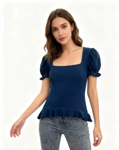 Women’s Tshirt Square Neck Knitted Top Puff Short Sleeve Ruffle Hem Slim Fit Casual Knitted Blouse T Shirt for Women Ladies