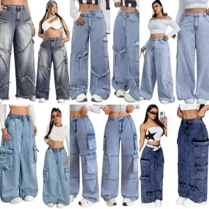 Women’s Tube Pocket Casual Pants Straight Leg Full Length Sporty Denim Pants with Button Mid Waist Spandex Cotton