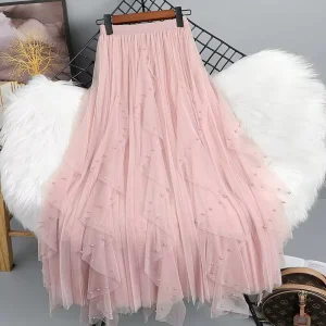 Women’s Tulle Maxi Skirt Layered Beaded A-Line Skirts Fashion