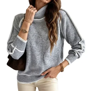 Women’s Turtleneck Sweater Solid Color Long Sleeve Warm Knit Pullover Stock Available