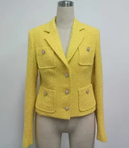 Women’s Tweed Blazers Structured Woolen Jacket with Woven Weave Ladies Factory Suit