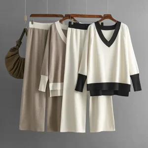 Women’s Two Piece Long Casual Solid Knitted Sweater Pullover & Loose Pants Set Autumn Eco Friendly Polyester Cotton