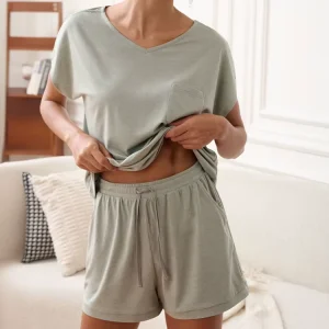 Women’s Two Piece Lounge Set V Neck Shirt and Short Set Summer Bamboo Cotton Loungewear for Women Jersey Pajamas