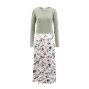 Women’s Two-in-One Long Sleeve Ribbed Knit & Floral Print Midi Dress