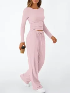 Women’s Two piece Loungewear Set Solid Color Breathable Comfortable Clothes Drawstring Pants Set