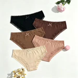 Women’s Underwear Sexy Sensual Lace Trim Comfortable Thin Knitted Solid Color Breathable Mid Rise French Style Briefs