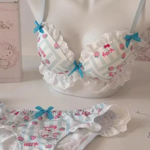 Women’s Underwear Strawberry Flavor Japanese Style Gothic Cartoon Lace Half Cup Low Waist Wire Free Polyester Cotton Three Bra