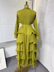 Women’s Unique Design Dress With Pleated Cascading Ruffle Sleeves Stylish Printed Fabric Decoration