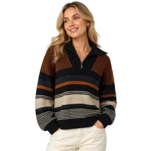 Women’s Unisex Striped Breathable Computer Knitted Wool Nylon Zipper Winter High Street Style Pullover
