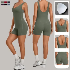 Women’s V Neck Backless Yoga Jumpsuit Built in Bra One Piece Tight Sports Bodysuit Sleeveless Running Fitness Romper