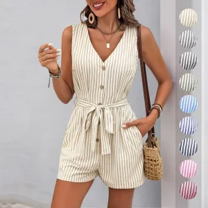 Women’s V Neck Belted Button Romper Sleeveless Short Jumpsuit Rolled Pants Outfit