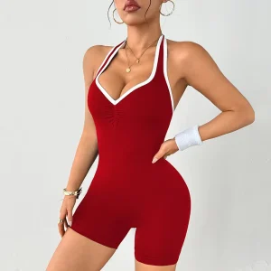 Women’s V Neck Bodycon Yoga Jumpsuit High Elastic Seamless Halter Neck Workout Romper Tummy Control Breathable Gym Bodysuit