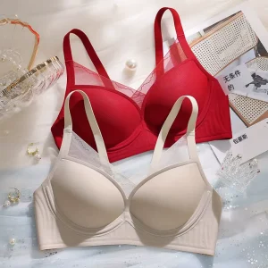 Women’s V Neck Cross Lace Lingerie Anti Slip Half Fixed Cup Comfortable Breathable Bra Plus Size Underwear