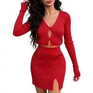 Women’s V Neck Cutout Knit 2 Piece Set Long Sleeve Crop Top Slit Skirt Bodycon Warm Sweater Set