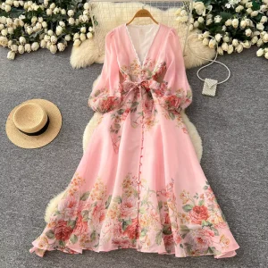 Women’s V-Neck Floral Print Dress Long Sleeve Waist-Defining A-Line Office Casual Pleated Dress