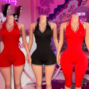 Women’s V-Neck Halter Jumpsuit Sleeveless Romper Solid Knitted
