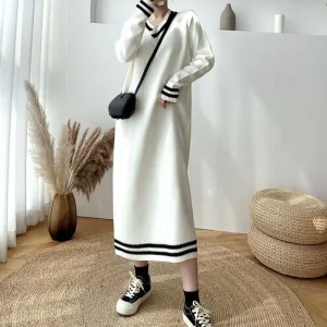 Womens V Neck Knit Dress Striped Long Sleeve Loose Fit Maxi Sweater Dress Soft Knit Casual Loungewear for Daily Wear Fall Winter