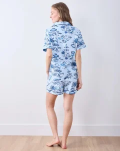 Women’s V Neck Lapel Button Sleep Romper Short Sleeve Pants Sweet Loose Summer Spring Breathable Knee Organic Cotton