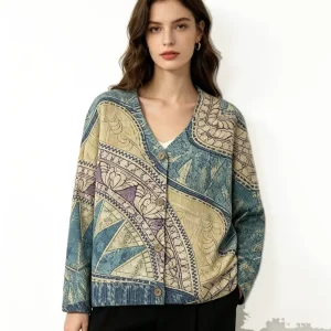 Women’s V Neck Long Sleeve Knit Cardigan Blue & Yellow Geometric Paisley Print Retro Ethnic Style