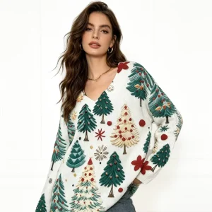 Women’s V-Neck Long Sleeve Knit Sweater Vibrant Decorated Pine Tree Print Loose Fit Casual Modern Style Year-Round Layering Wear