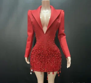 Women’s V Neck Long Sleeve Rhinestone Tight Short Skirt Stage Singer Performance Dress