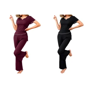 Women’s V Neck Ruffle Trim Loungewear Set Short Sleeve Top & Flare Pants Sleepwear