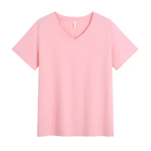Women’s V Neck Solid Color 100% Cotton Casual Loose Short Sleeve Knitted T Shirt Soft Breathable Summer Anti UV