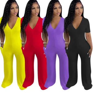 Womens V Neck Solid Rompers Casual Clothing One Piece Jumpsuit Mujer With Pockets