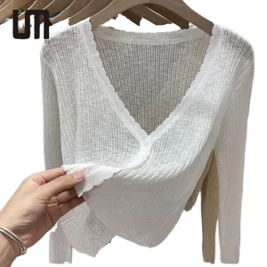 Women’s V Neck Thin Knitted Cardigan Sweater Tops for Spring Summer Casual Style Front Logo Button Decoration