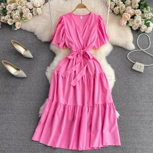 Women’s V Neck Tie Waist Ruffled Dress Elegant & Versatile Ideal for Dates & Parties