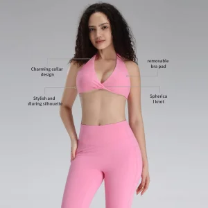 Women’s V Neck Twist Front Design Four-Way Stretch Yoga Crop Tops Gym Workout Bra Sexy Yoga Sports Bra for Women Fitness