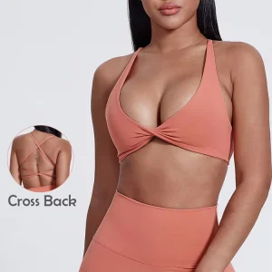 Women’s V Neck Twist Front Yoga Crop Top Reversible Breathable Medium Support Spandex Cotton Gym Workout Bra