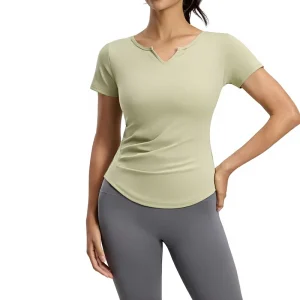 Women’s V-Neck Yoga Short Sleeve Nude Feel Quick-Drying Ruched Top for Fitness Running Daily Cycling