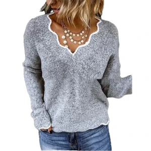 Women’s V neck Casual Cute Pullover Sweater Autumn 100% Acrylic Breathable Knitted Sexy Shirt