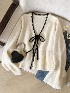 Women’s V neck Long Sleeved Knitted Cardigan Soft and Loose (customizable)